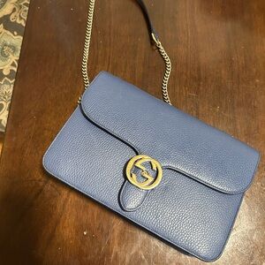 Blue Leather Chain Shoulder Bag